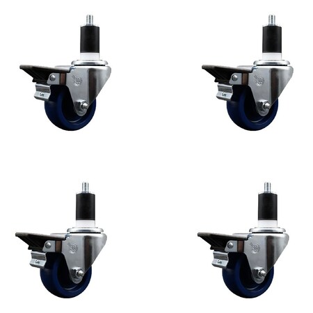 Service Caster 3'' Solid Poly Swivel 1-1/2'' Expanding Stem Caster Set with Brake, 4PK SCC-EX20S314-SPUS-PLB-112-4
